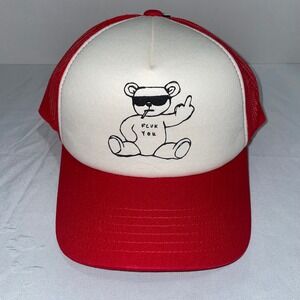 French Connection Red White Smoking Bear Graphic Trucker Hat Snapback Cap NWT